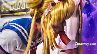Blue-haired sailor cosplay shemale threesome porn video preview